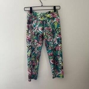 Prana women's Cropped Leggings Activewear Tropical Palm Leaf‎ Print Teal Green